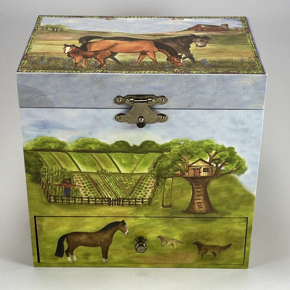 Horse Musical Jewelry Box Vintage Child's Wind Up Drawers Music My Old Kentucky